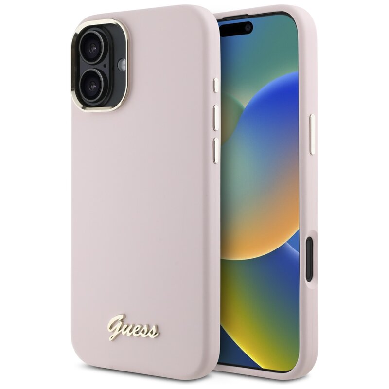 Etui GUESS Silicone Script Metal Logo & Frame do Apple iPhone 16 Plus Różowy
