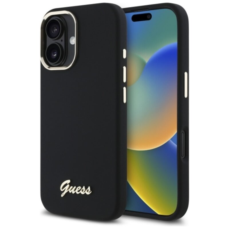 Etui GUESS Silicone Script Metal Logo & Frame do Apple iPhone 16 Czarny