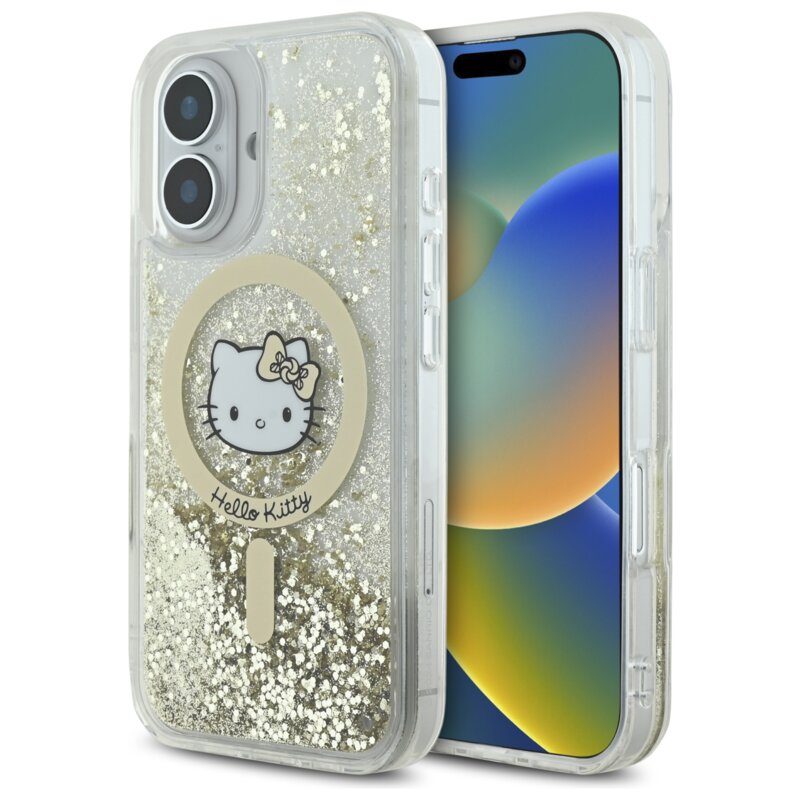 Etui HELLO KITTY Liquid Glitter Fever MagSafe do Apple iPhone 16 Biało-złoty
