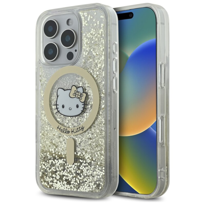 Etui HELLO KITTY Liquid Glitter Fever MagSafe do Apple iPhone 16 Pro Max Biało-złoty