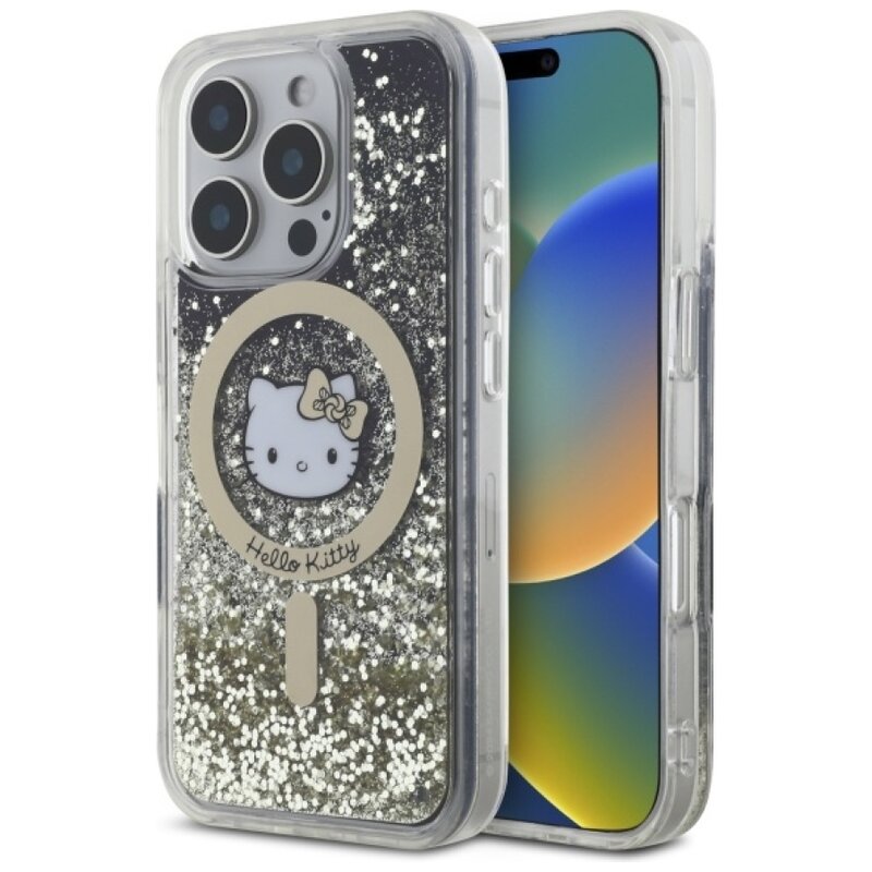 Etui HELLO KITTY Liquid Glitter Fever MagSafe do iPhone 16 Pro Max Czarny-złoty