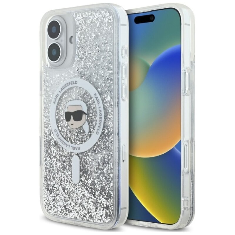 Etui KARL LAGERFELD Liquid Glitter Karl Head Magsafe do Apple iPhone 16 Przezroczysty