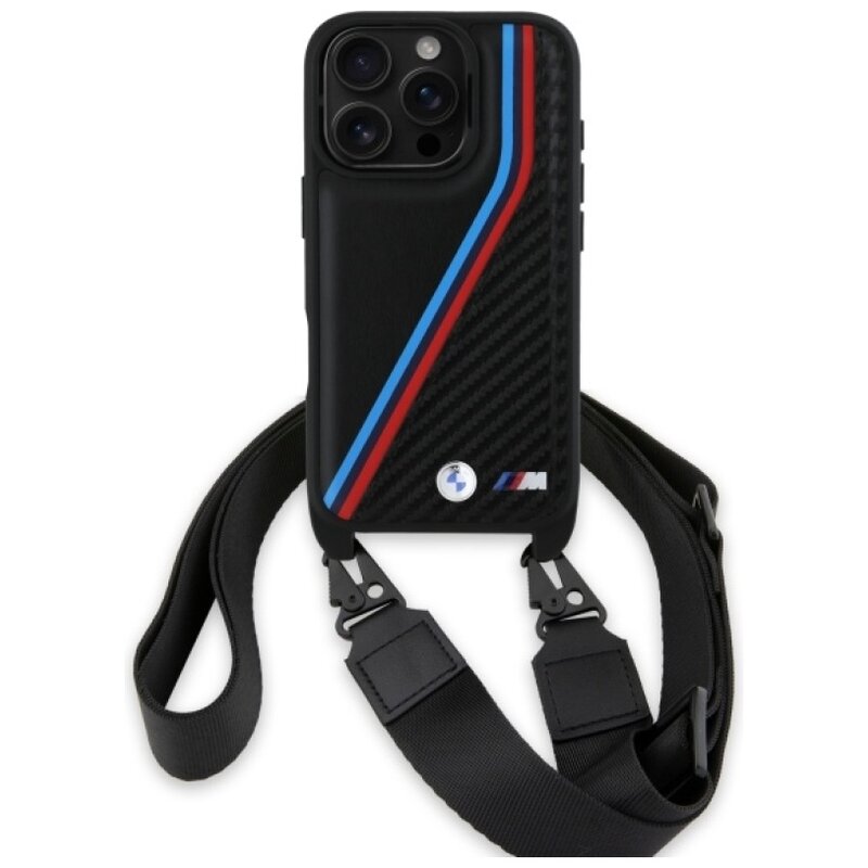 Etui BMW M Edition Carbon Tricolor Lines & Strap do Apple iPhone 16 Pro Czarny