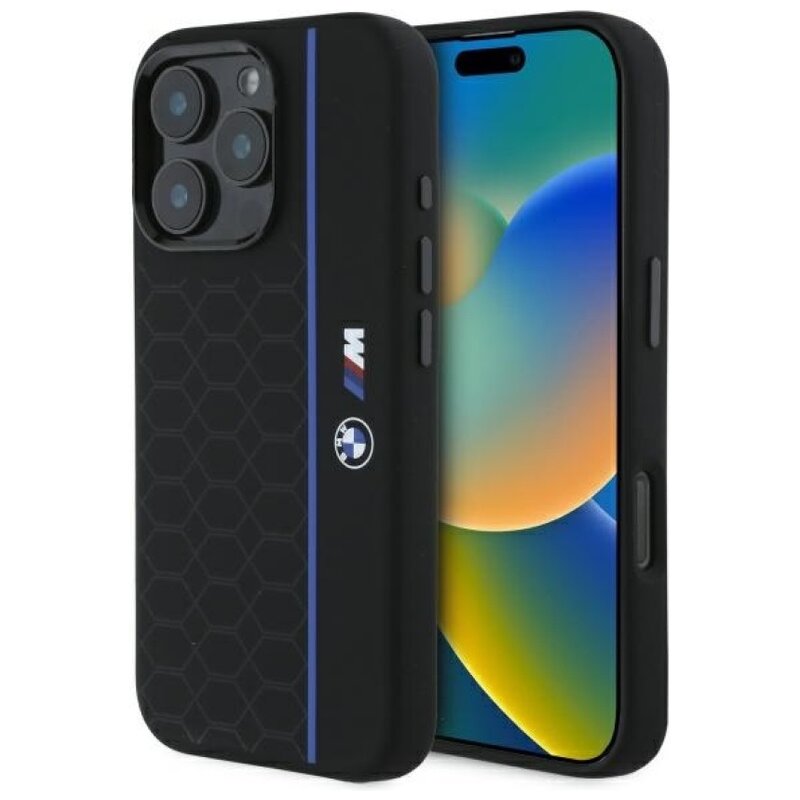 BMW Silicone Hexagon Blue Line MagSafe do iPhone 16 Pro Czarny