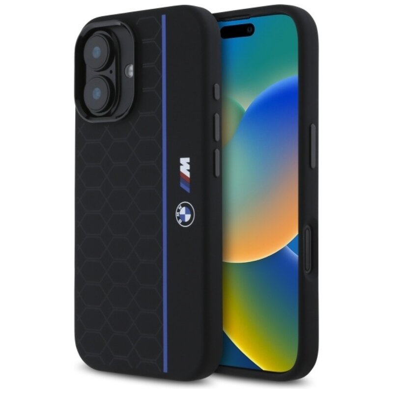BMW Silicone Hexagon Blue Line MagSafe do iPhone 16 Czarny