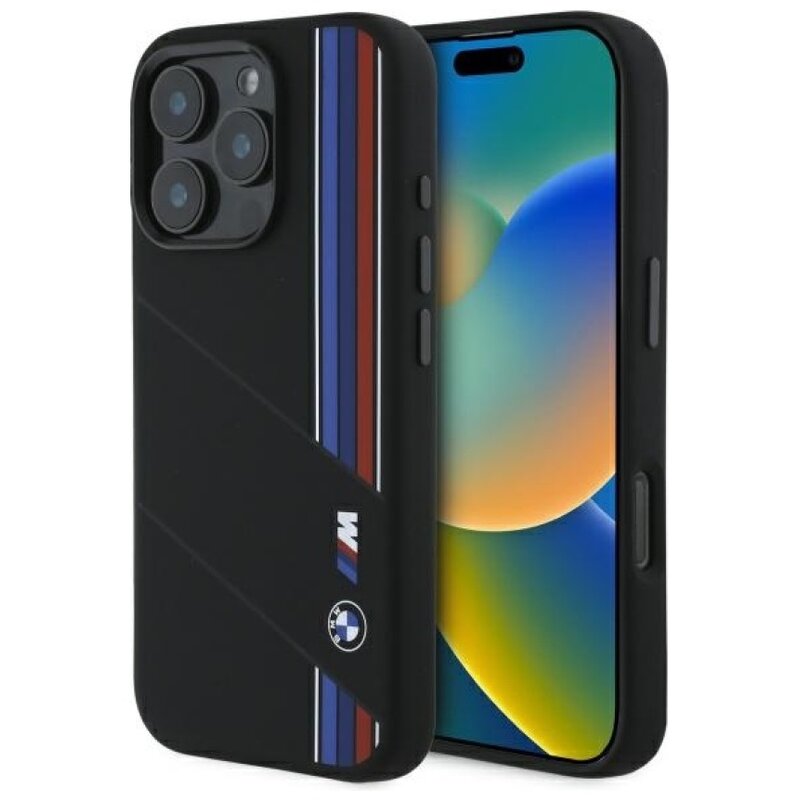 BMW Silicone Cut Tricolor Lines MagSafe do iPhone 16 Pro Max Czarny