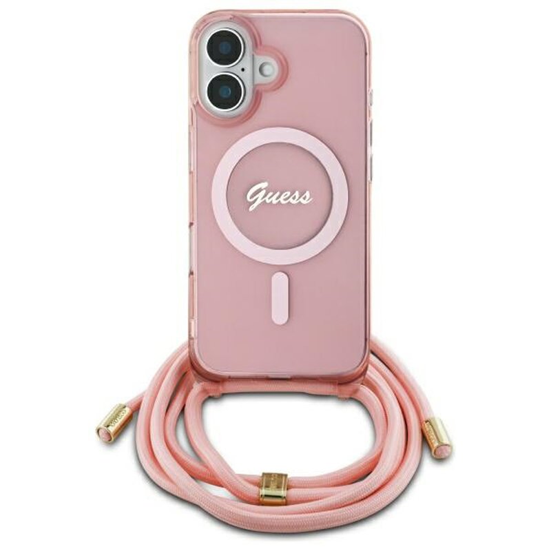 Etui GUESS Crossbody Cord Script MagSafe do Apple iPhone 16 Różowy