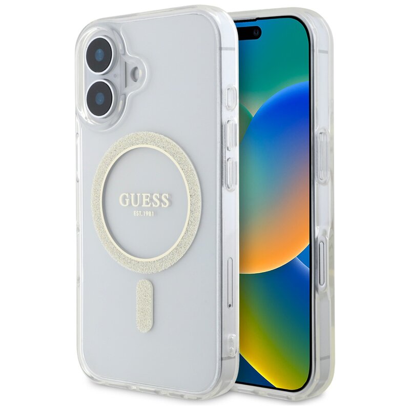 Etui GUESS IML Glitter Circle MagSafe do Apple iPhone 16 Plus Przezroczysty