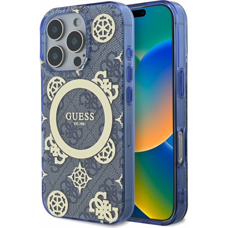 Etui GUESS IML Peony On 4G Background MagSafe do Apple iPhone 16 Pro Max Niebieski