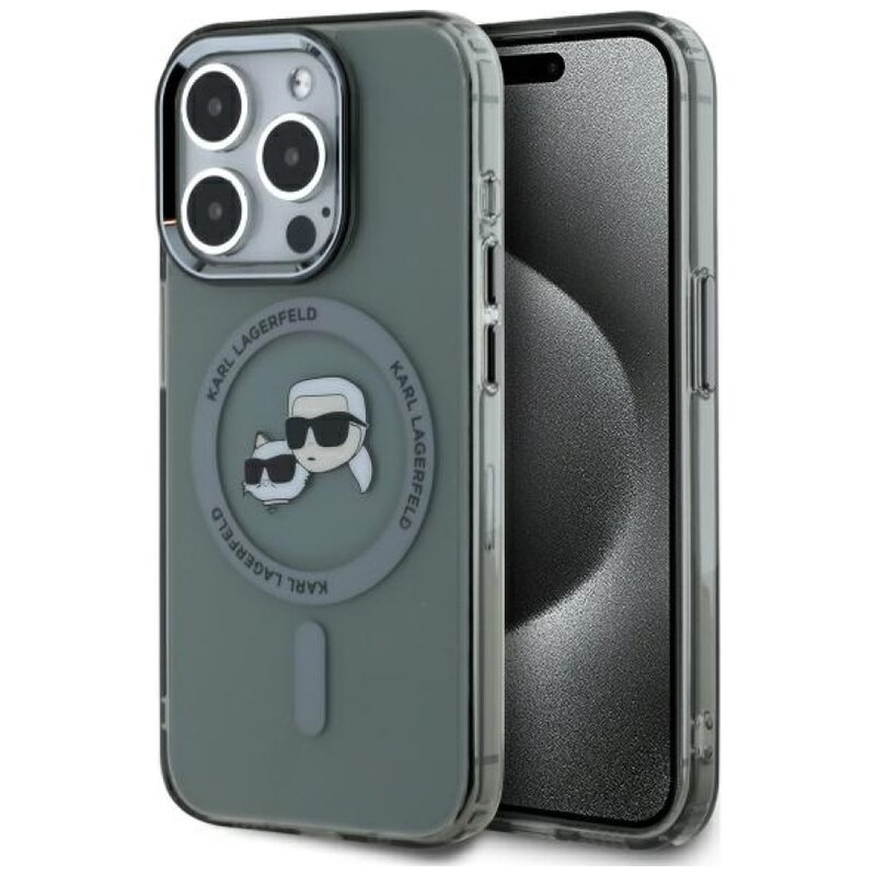 Etui KARL LAGERFELD IML Metal Karl&Choupette Head MagSafe do Apple iPhone 15 Pro Przezroczysto-czarny