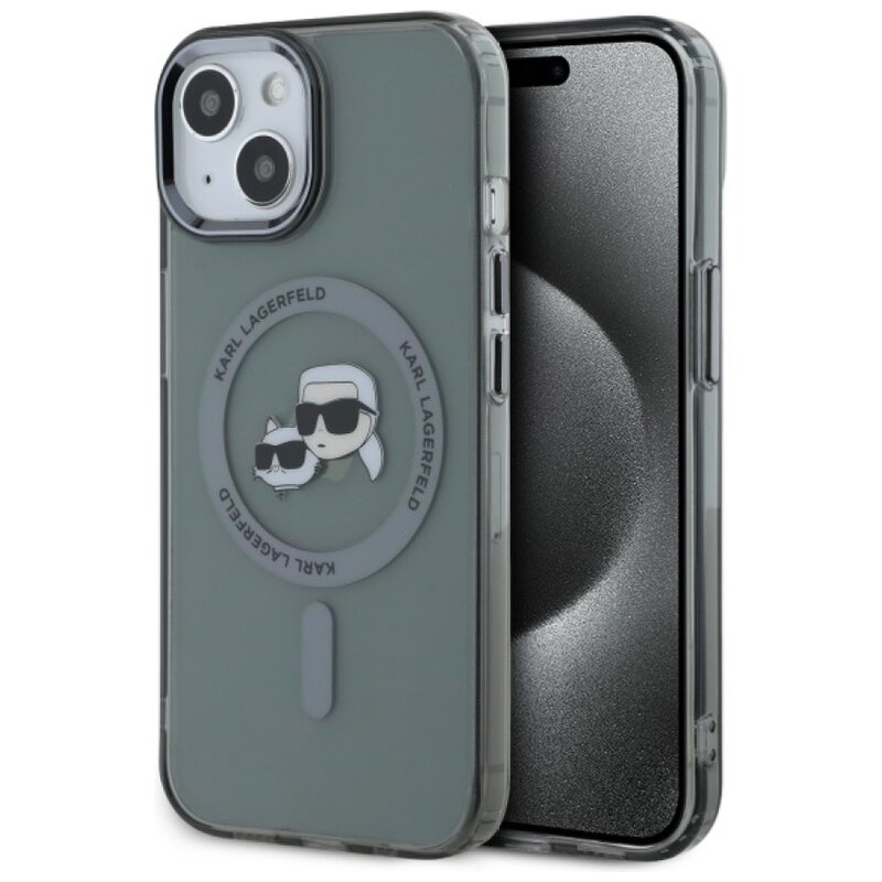 Etui KARL LAGERFELD IML Metal Karl&Choupette Head MagSafe do Apple iPhone 15 Przezroczysto-czarny