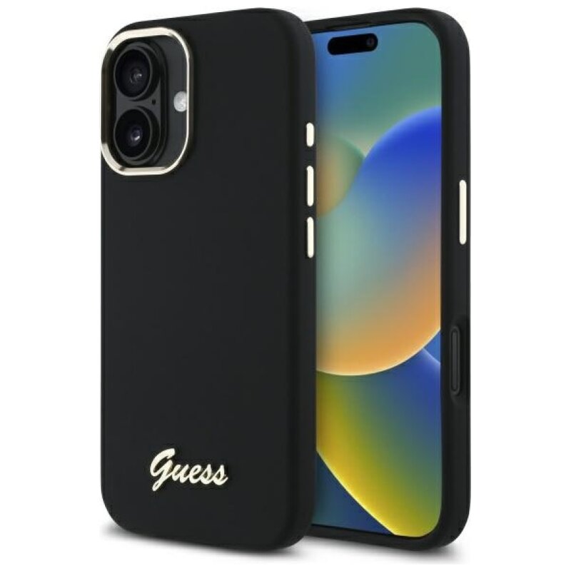 Etui GUESS Silicone Script Metal Logo & Frame do Apple iPhone 16 Plus Czarny
