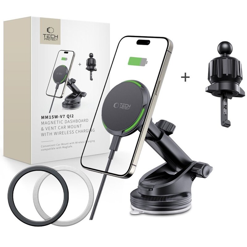 Uchwyt na telefon i smartfon TECH-PROTECT QI2 MagSafe Wireless Charger 15W Czarny uchwyt samochodowy na szybę, kratkę nawiewu i deskę rozdzielczą