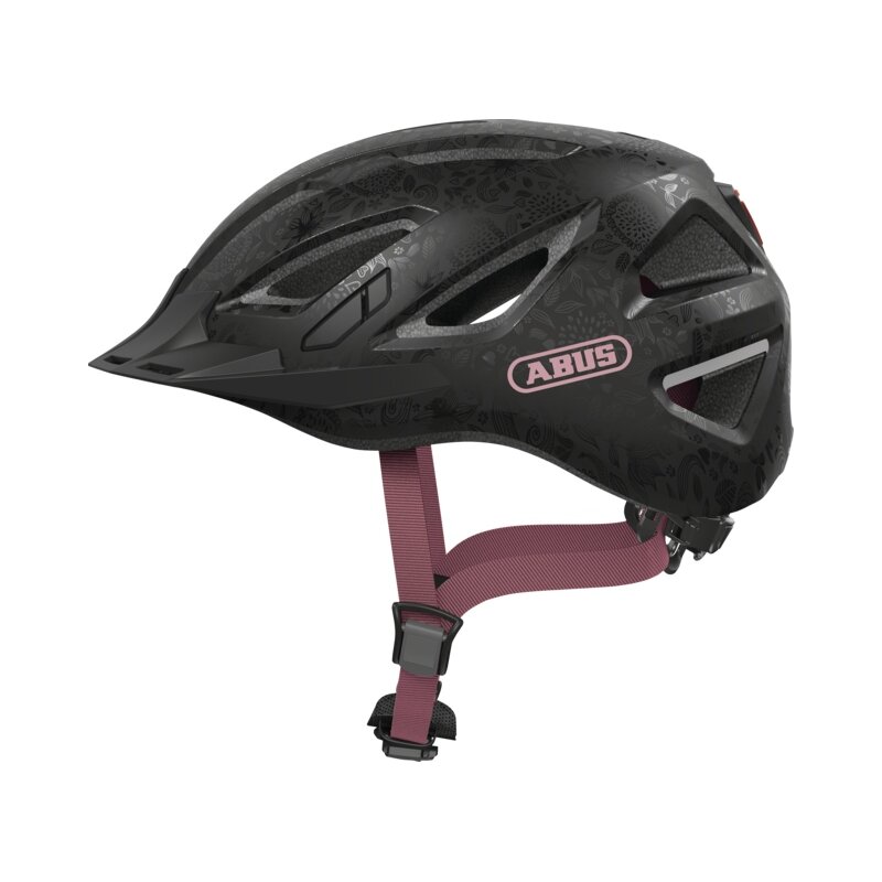 Kask rowerowy ABUS Urban-I 3.0 Flower Art Czarno-fioletowy Miejski z lampką (rozmiar S)