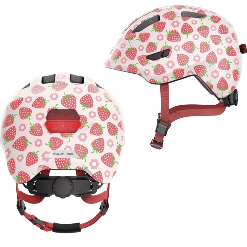 Kask rowerowy ABUS Smiley 3.0 LED Strawberry Różowo-czerwony dla Dzieci z lampką (rozmiar M)
