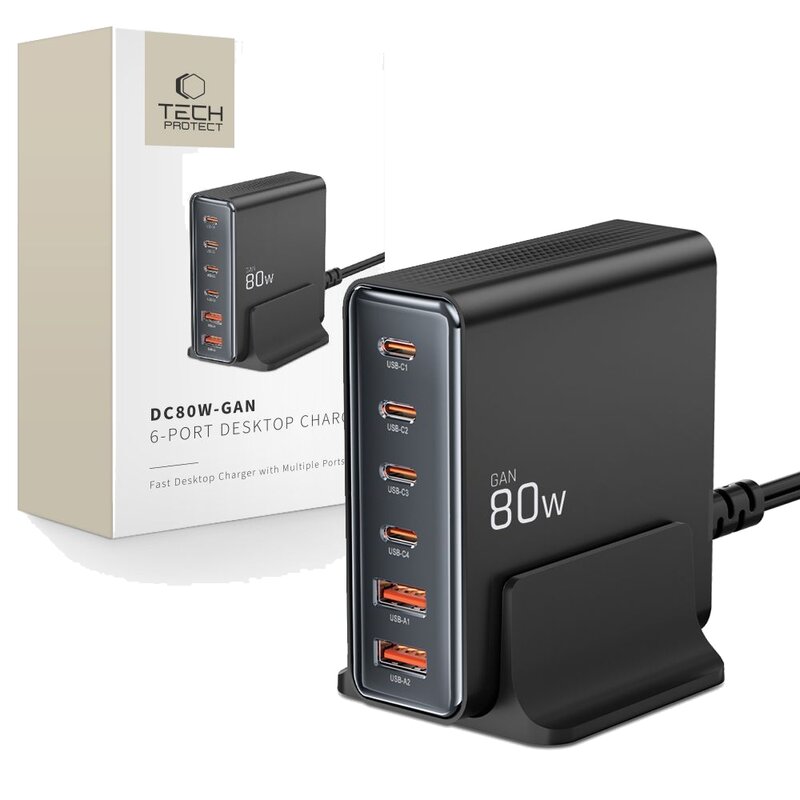 Stacja ładująca TECH-PROTECT DC80W-GAN 80W Czarny ładowarka do telefonu USB, USB-C