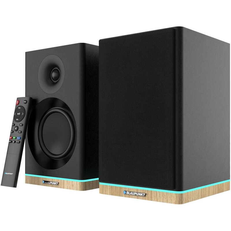 Aktywne, Podstawkowe kolumny głośnikowe BLAUPUNKT BS60BK LED Czarne (2 szt.), BT, HDMI ARC, Podświetlenie LED, Korektor dźwięku