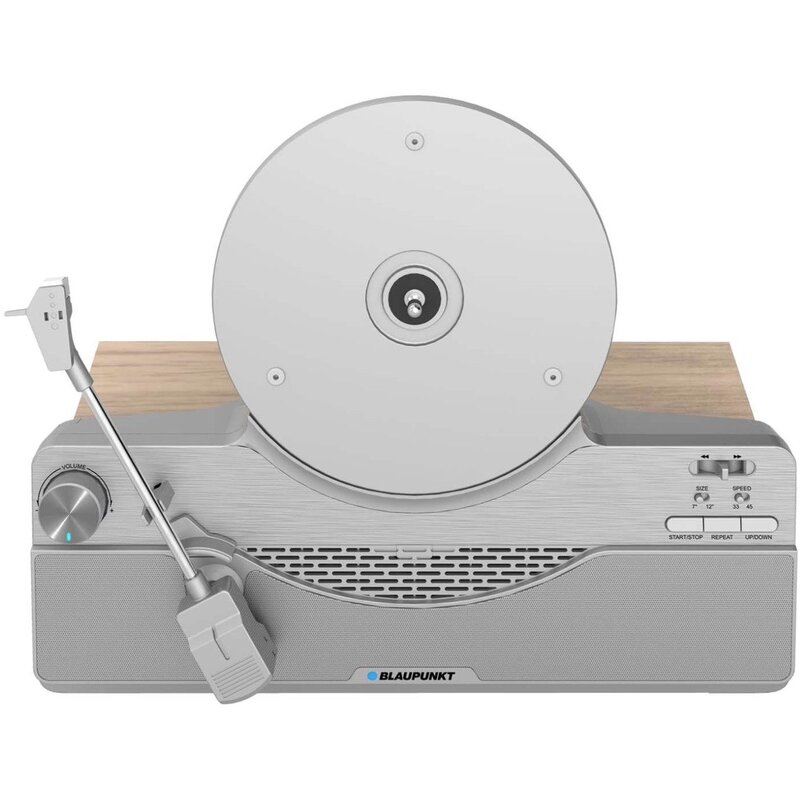 Gramofon pionowy BLAUPUNKT VT100 Srebrny , Automatyczny, Napęd paskowy, Wbudowane głośniki, Prędkość odtw.33 1/3,45 obr./min