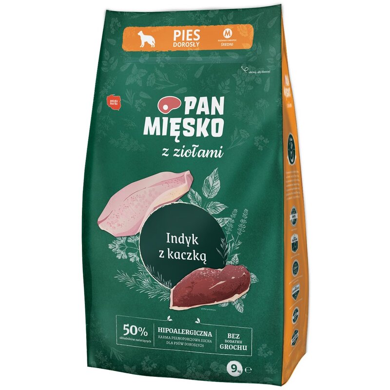Karma dla psa PAN MIĘSKO Indyk z kaczką z ziołami 9 kg