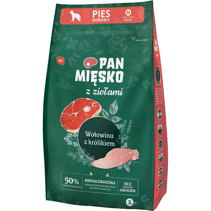 Karma dla psa PAN MIĘSKO Ziołowa wołowina z królikiem M 3 kg