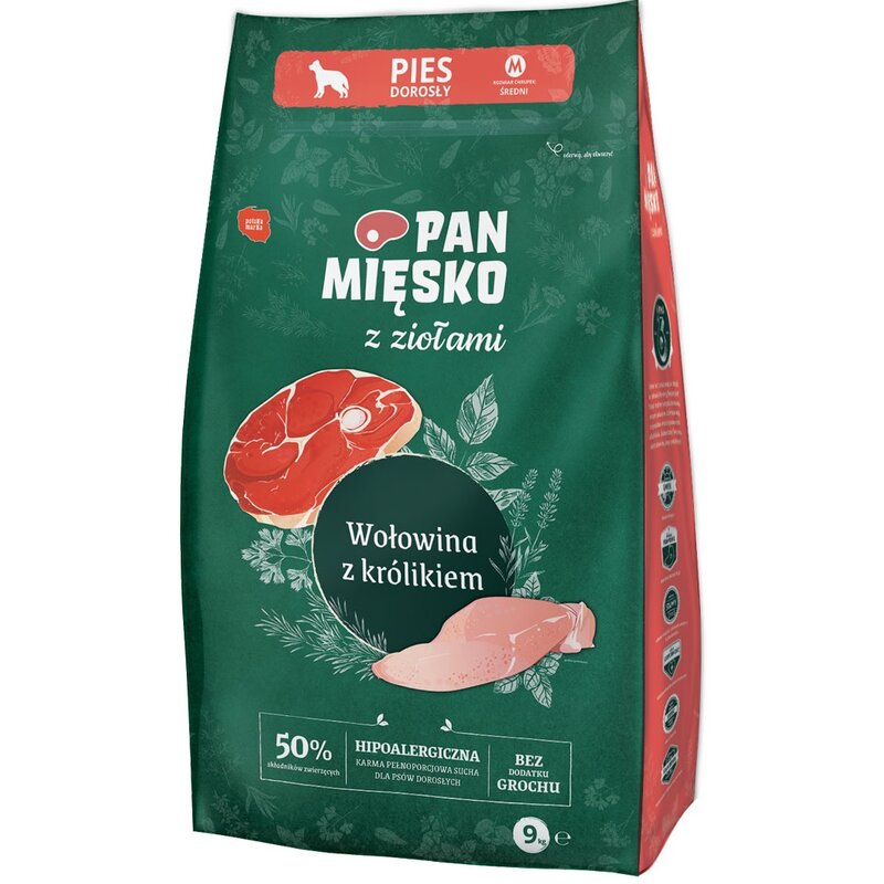 Karma dla psa PAN MIĘSKO Ziołowa wołowina z królikiem M 9 kg
