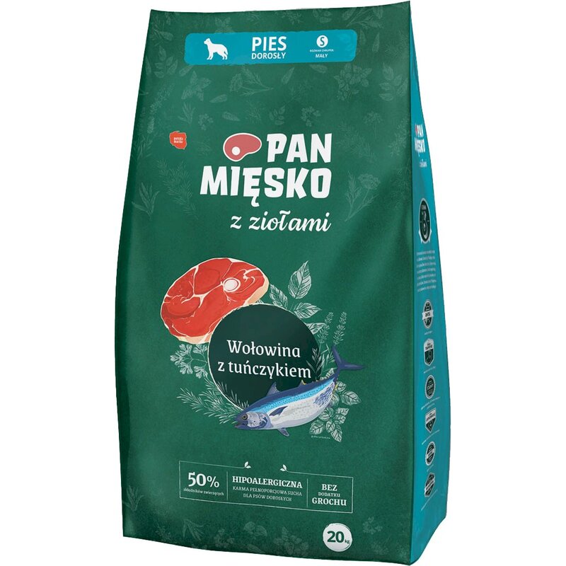 Karma dla psa PAN MIĘSKO Wołowina z tuńczykiem i ziołami S 20 kg