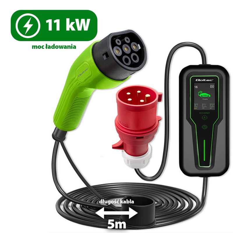 Qoltec Mobilna ładowarka EV z regulacją 2w1 Typ2 (11kW, 400V, 5m)