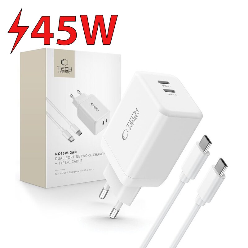 Ładowarka sieciowa TECH-PROTECT NC45W-GAN 45W Biały ładowarka do telefonu USB-C + kabel