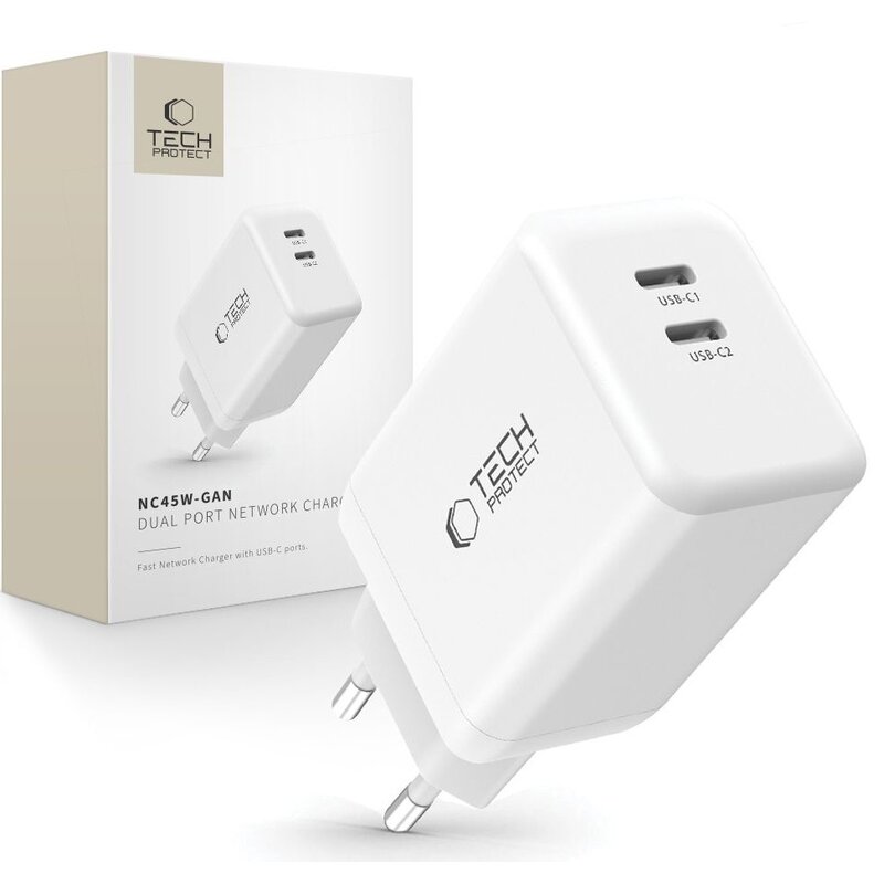 Ładowarka sieciowa TECH-PROTECT NC45W-GAN 45W Biały ładowarka do telefonu USB-C