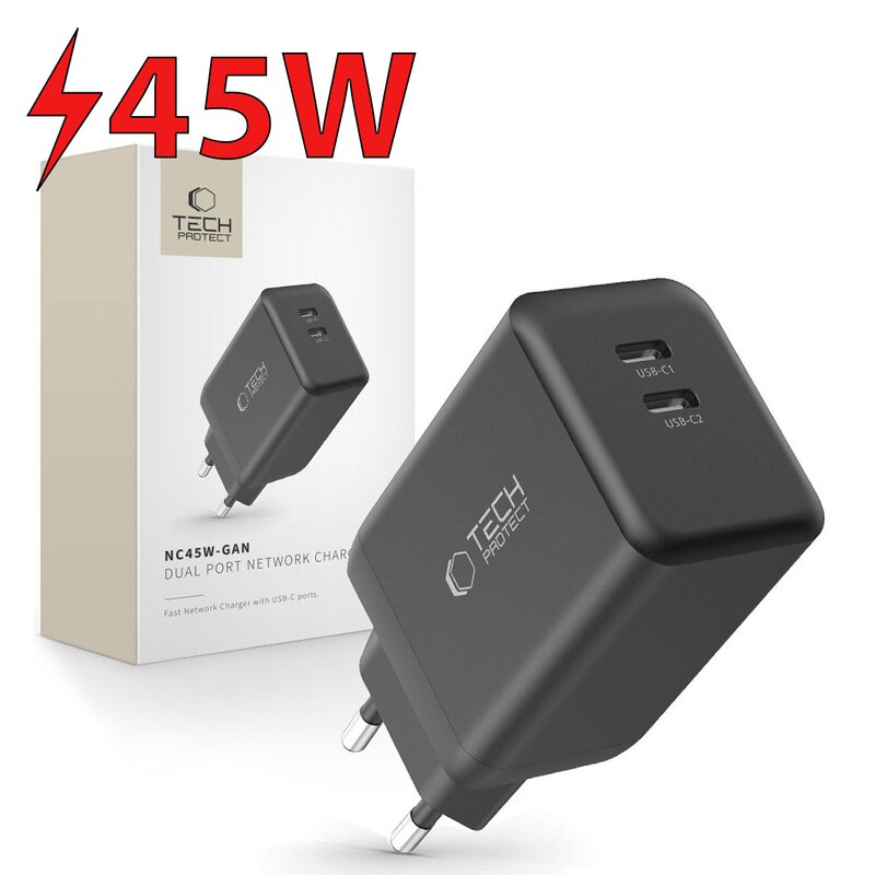 Ładowarka sieciowa TECH-PROTECT NC45W-GAN 45W Czarny ładowarka do telefonu USB-C