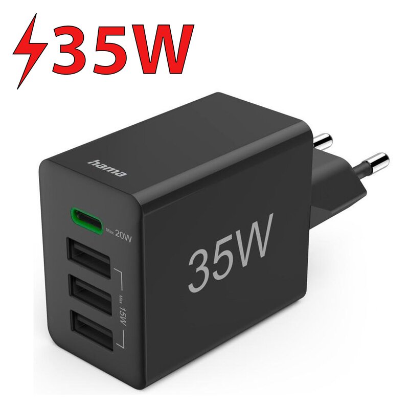 Hama Fast Charger PD/QC 3.0 35W USB-C 3xUSB Czarny