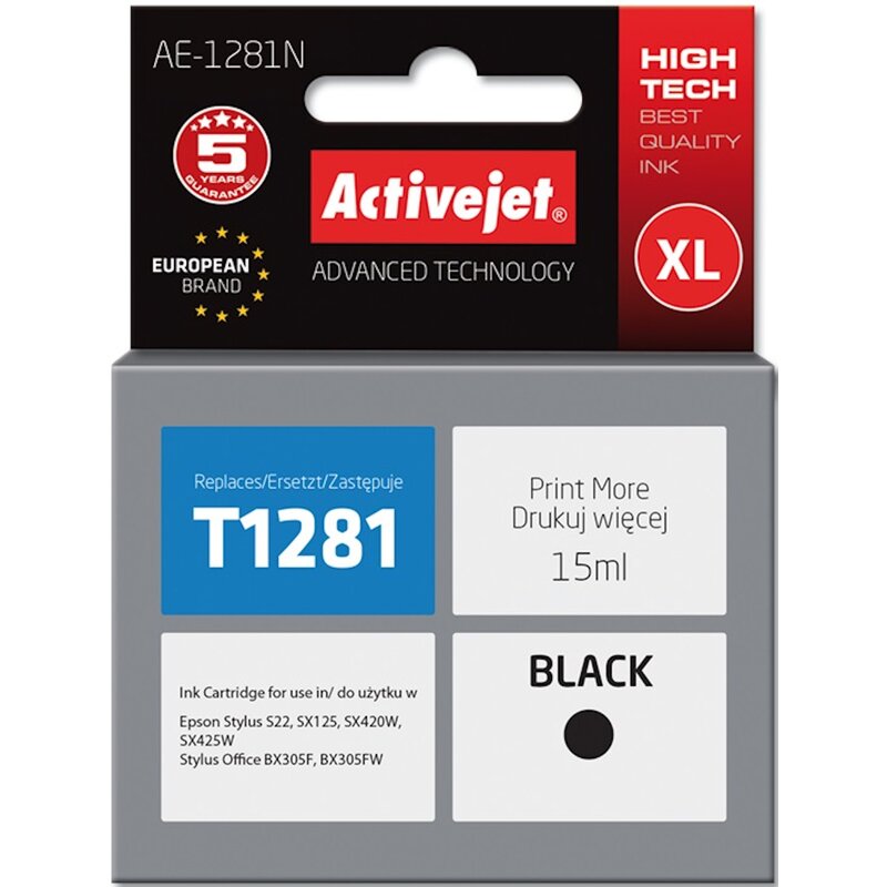 Activejet AE-1281N Tusz do drukarki Epson, Zamiennik Epson T1281; Supreme; 15 ml; czarny.
