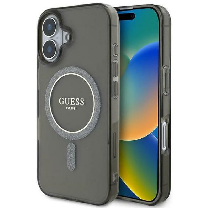 Etui GUESS IML Glitter Circle MagSafe do Apple iPhone 16 Plus Czarny