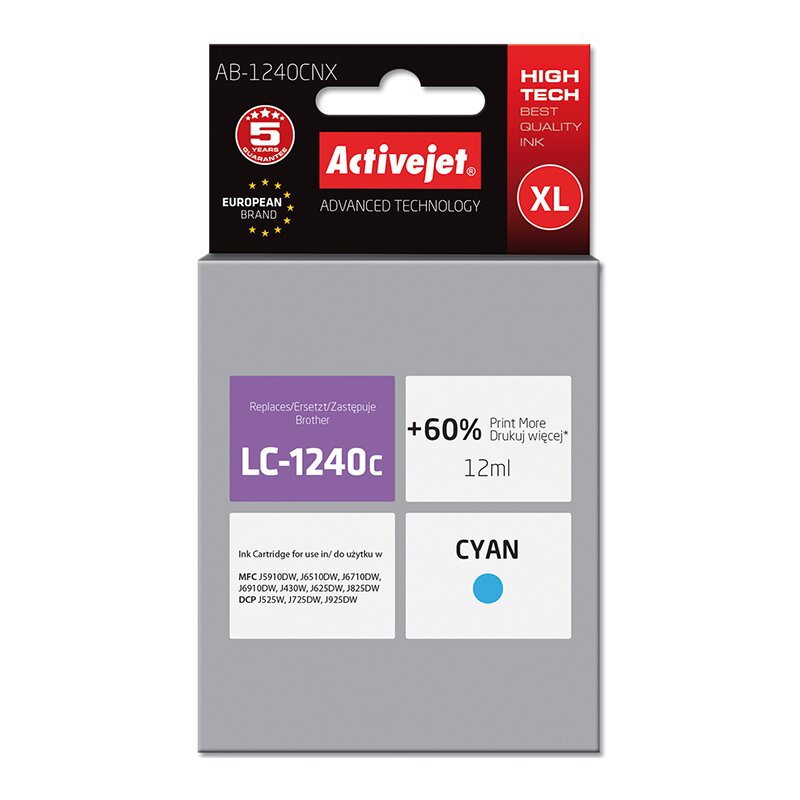 Activejet AB-1240CNX Tusz do drukarki Brother, Zamiennik Brother LC1240C/1220C;  Supreme;  12 ml;  błękitny. Drukuje więcej o 60%.