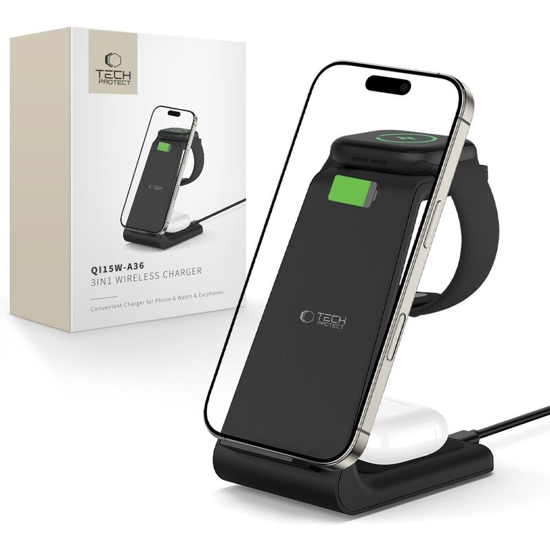 Ładowarka indukcyjna TECH-PROTECT QI15W-A36 3w1 10W Czarny Qi MagSafe