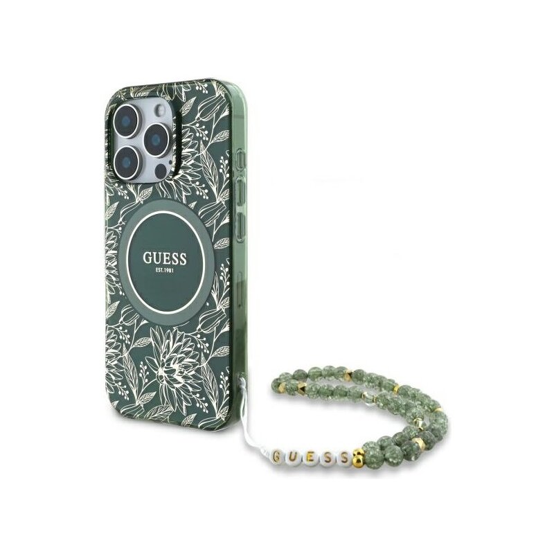 Etui GUESS IML Flowers Allover Electro With Pearl Strap MagSafe do Apple iPhone 16 Pro Max Zielony