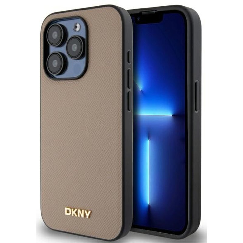 Etui DKNY Grained Metal Logo MagSafe do Apple iPhone 15 Pro Beżowy