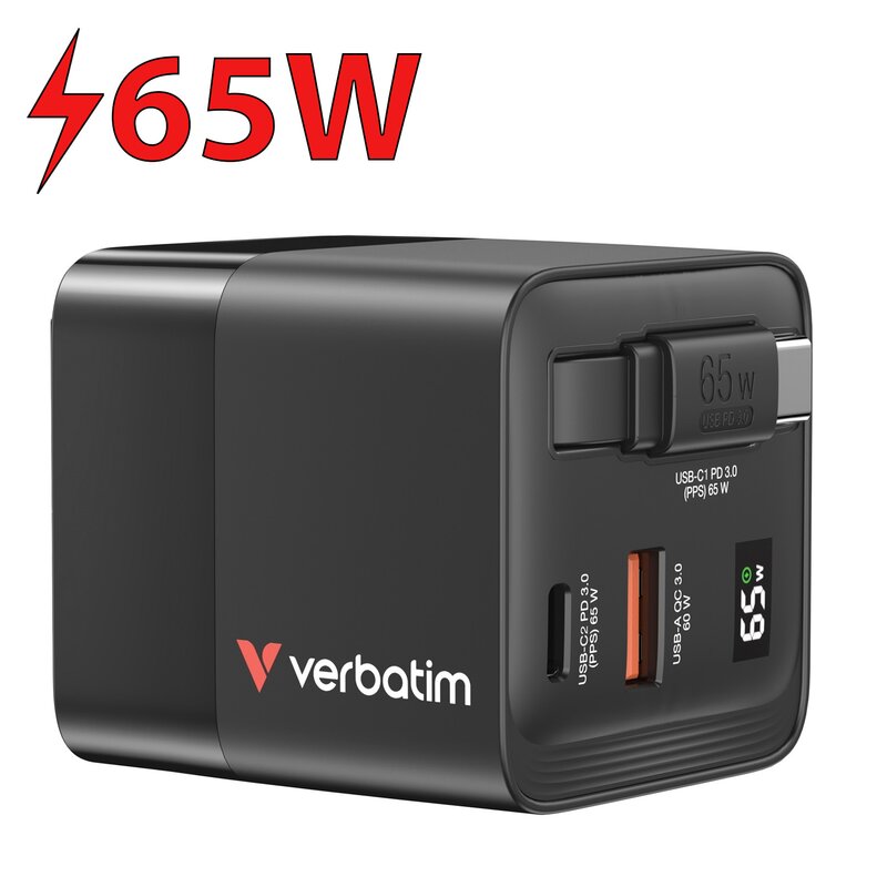 Ładowarka sieciowa VERBATIM GaN 65W Czarny ładowarka do telefonu USB, USB-C + zintegrowany kabel + Adapter EU/UK/US