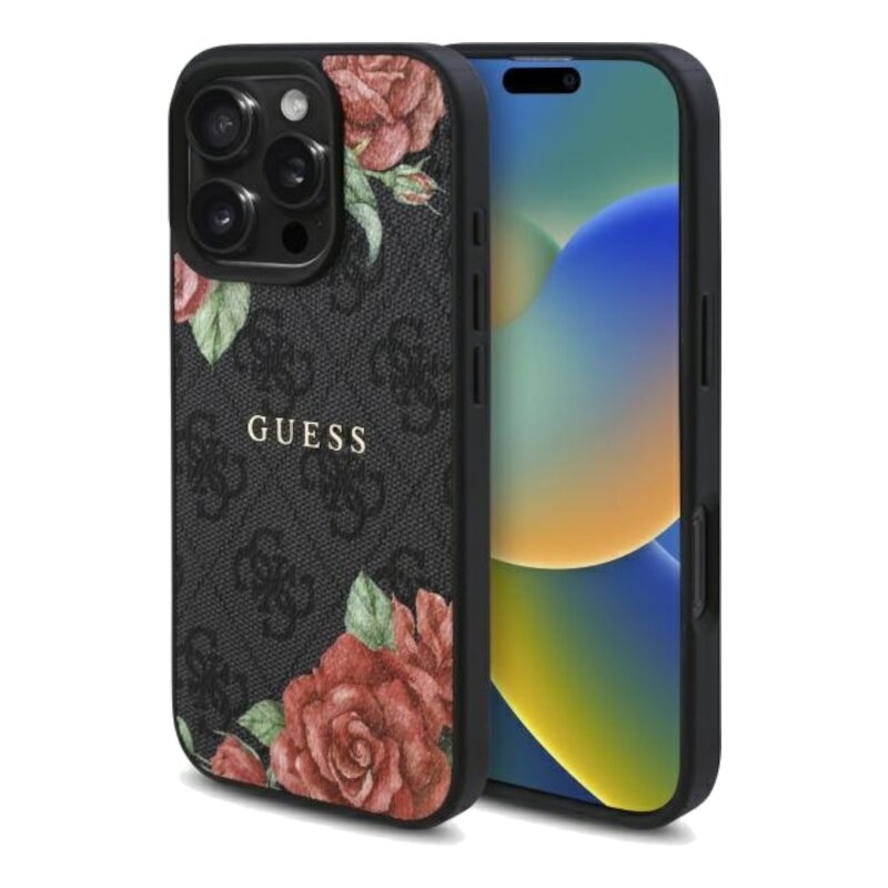 Etui GUESS 4G Flowers Print MagSafe do Apple iPhone 16 Pro Czarny
