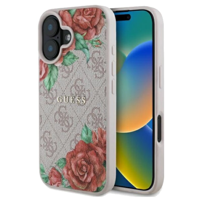 Etui GUESS 4G Flowers Print MagSafe do Apple iPhone 16 Różowy