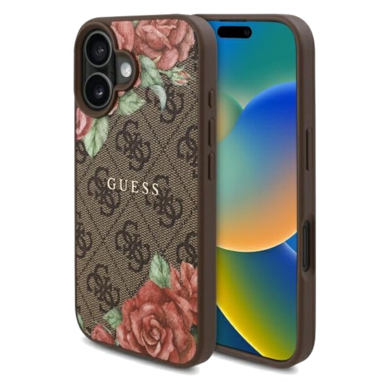 Etui GUESS 4G Flowers Print MagSafe do Apple iPhone 16 Brązowy