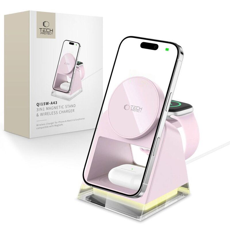 Ładowarka indukcyjna TECH-PROTECT QI15W A43 3w1 Różowy Qi MagSafe