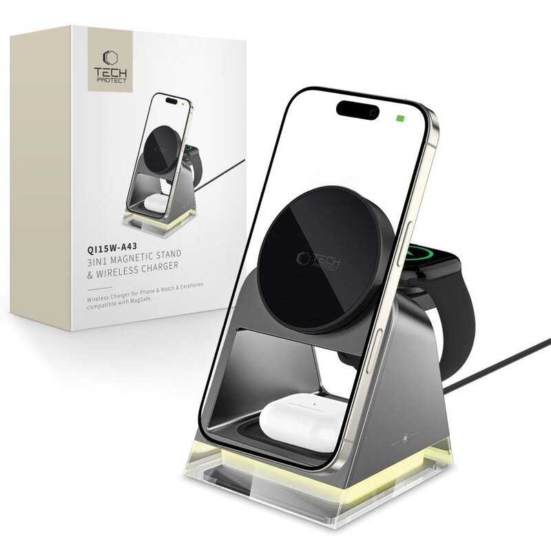 Ładowarka indukcyjna TECH-PROTECT QI15W A43 3w1  Czarny Qi MagSafe