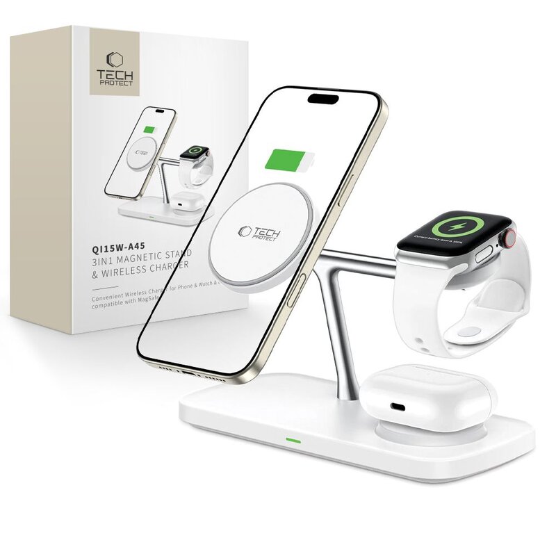 Ładowarka indukcyjna TECH-PROTECT QI15W A45 3w1  Biały Qi MagSafe
