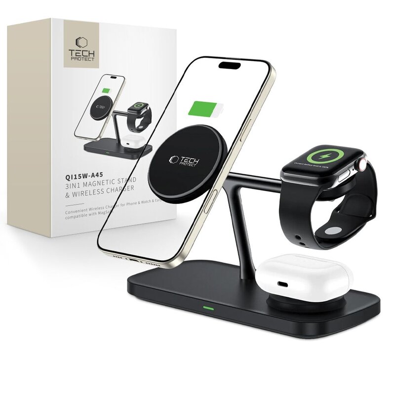 Ładowarka indukcyjna TECH-PROTECT QI15W A45 3w1  Czarny Qi MagSafe