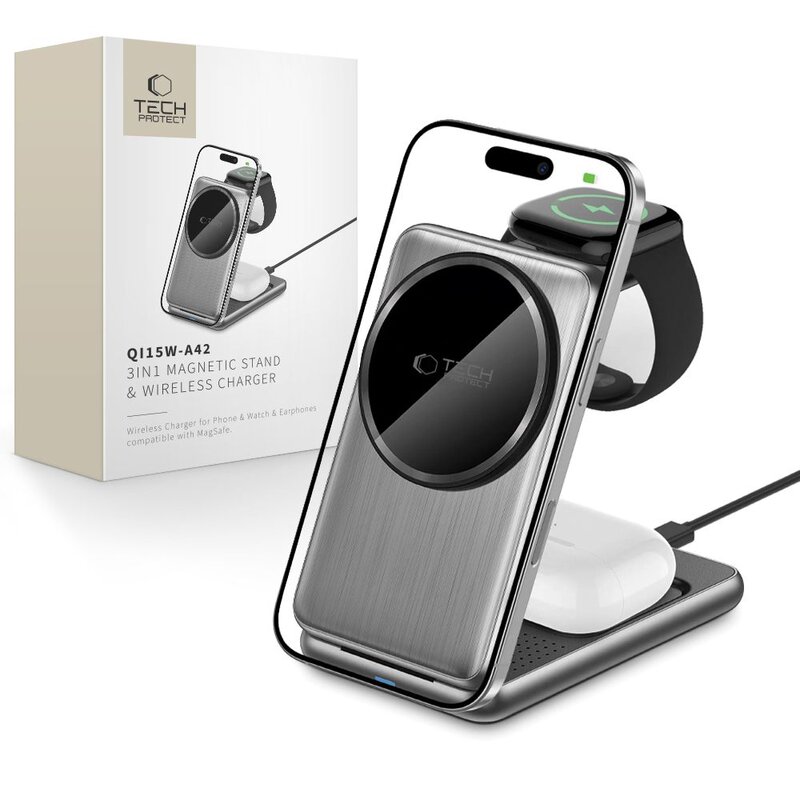 Ładowarka indukcyjna TECH-PROTECT QI15W A42 3w1  Srebrny Qi MagSafe