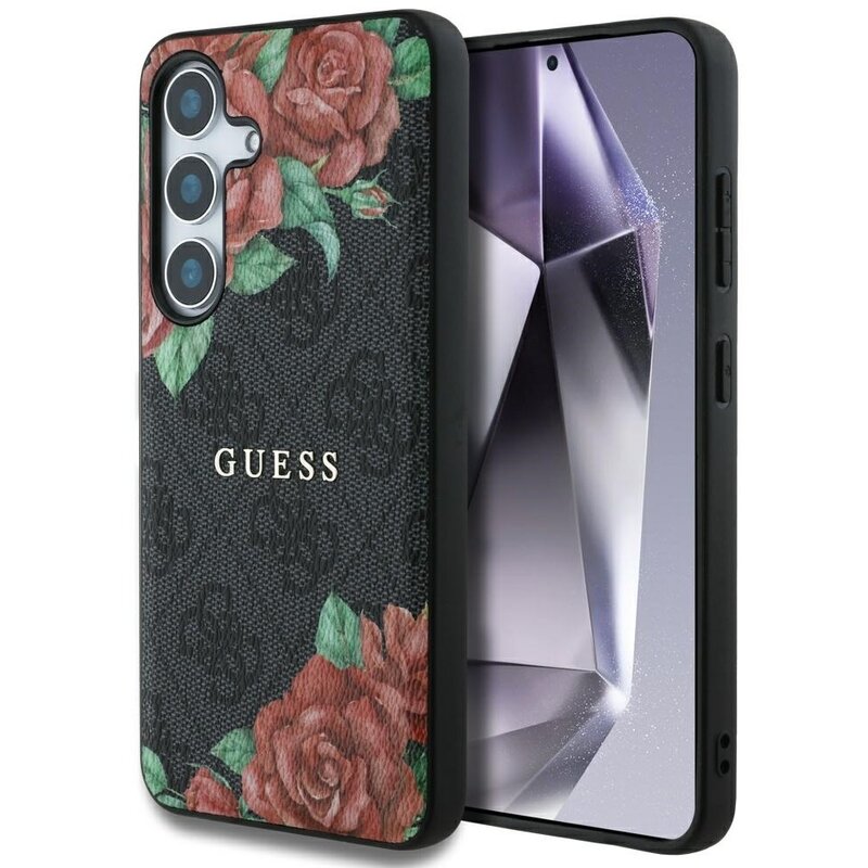 Guess Leather 4G Flowers Print Metal Classic Logo MagSafe Galaxy S25 Czarny
