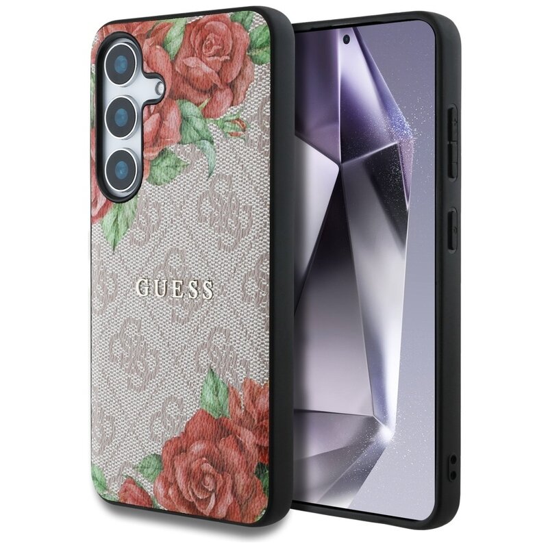 Guess Leather 4G Flowers Print Metal Classic Logo MagSafe Galaxy S25 Różowy