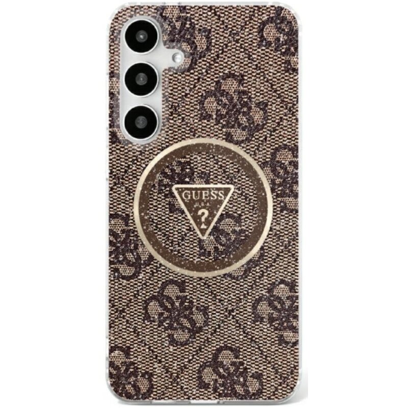 Guess 4G Glitter Triangle Buttons MagSafe do Galaxy S25 Brązowy