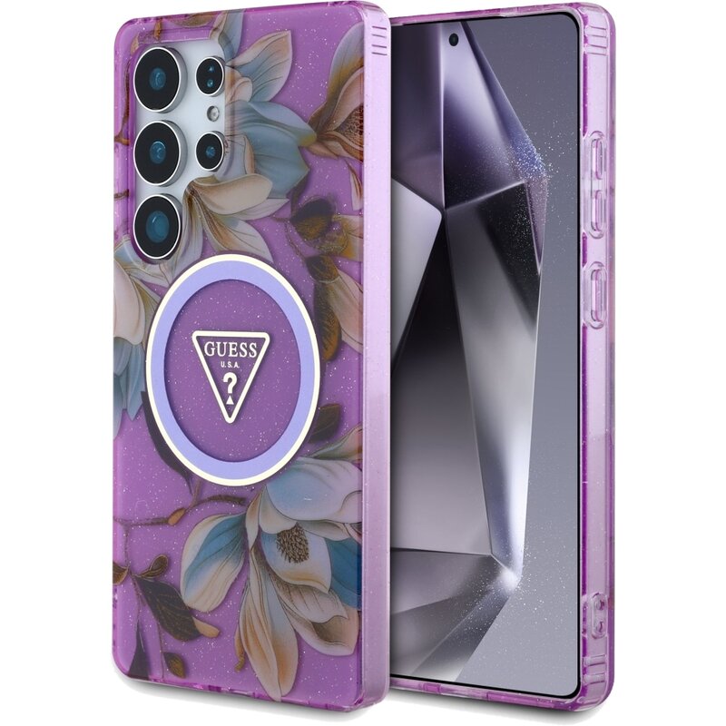 Guess Glitter Flowers Triangle Buttons MagSafe do Galaxy S25 Ultra Fioletowy